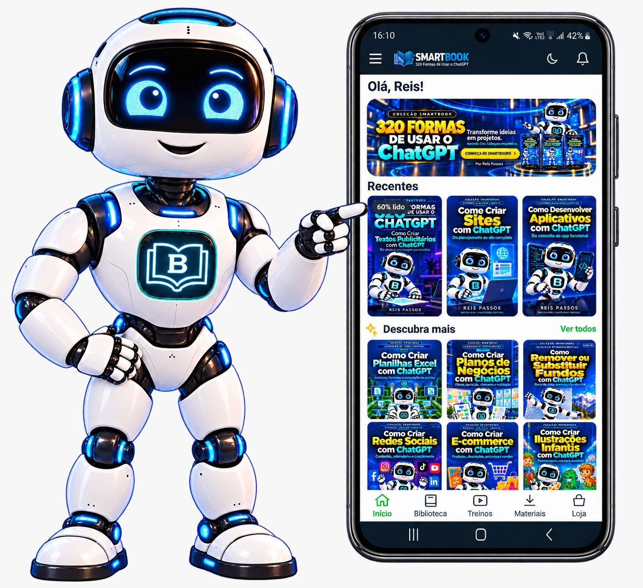 Bookyto, o mascote SmartBook, apontando para o aplicativo aberto no celular, com a vitrine de SmartBooks na tela